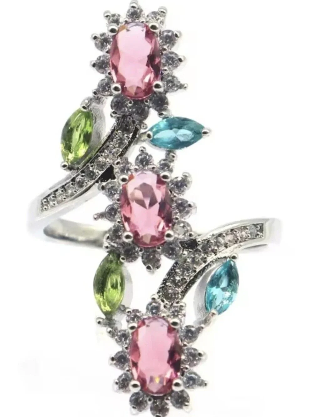 💚🩷NEW💚🩷 STUNNING!! PINK MORGANITE, AQUAMARINE, PERIDOT & CZ'S Ring